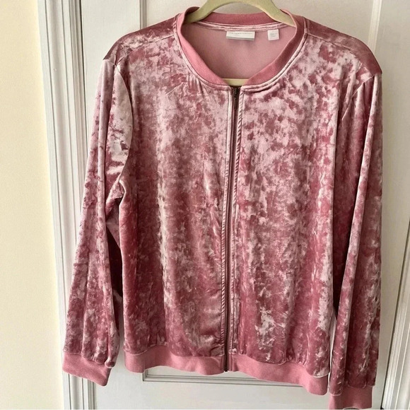 Crushed Velvet Bomber Jacket Women's Large Pink Front Zipper Light Top Y2K Glam - Picture 4 of 16